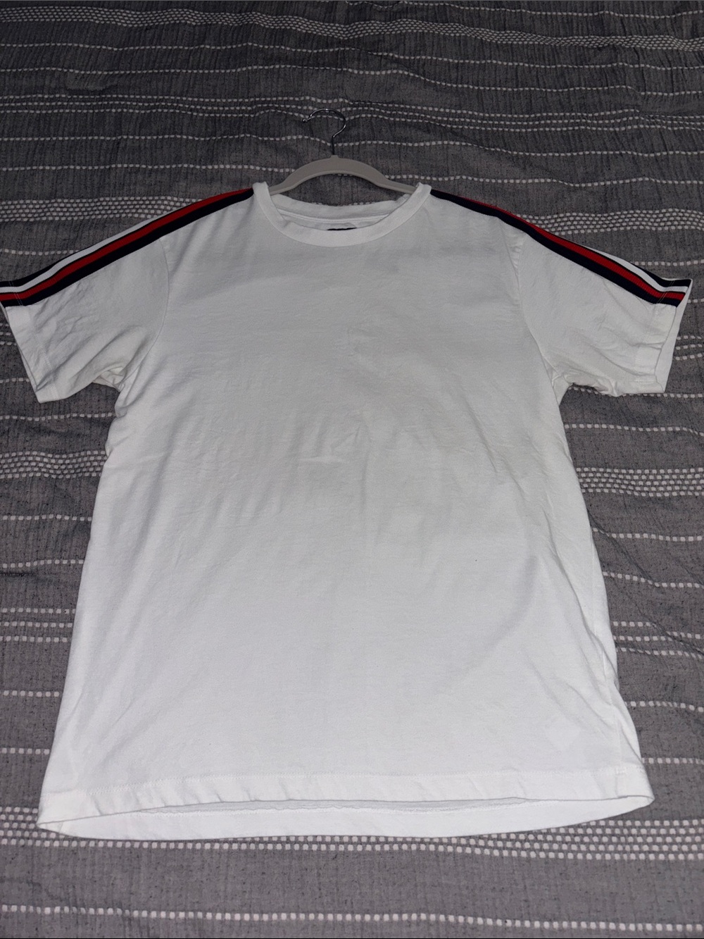 Ricky Singh Men's White Crewneck Tee with Red & Black Shoulder Stripes